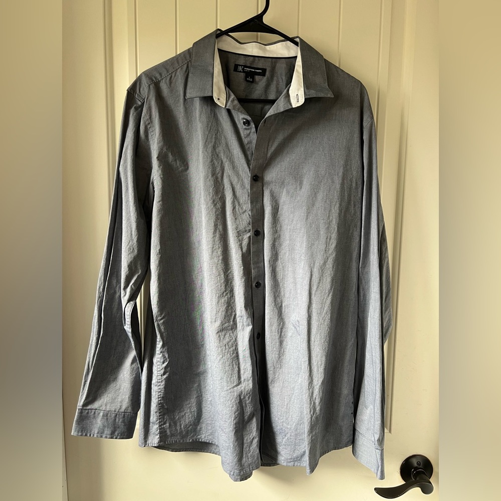 Men’s INC Cotton Slim Fit Grey Button Up Dress Shirt, Size L
